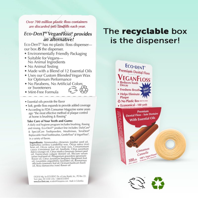 Eco-Dent VeganFloss Dental Floss, Waxed, Cinnamon - Floss with Vegan Plant-Based Wax, Recyclable Cardboard Packaging, 100 Yds (Pack of 2)