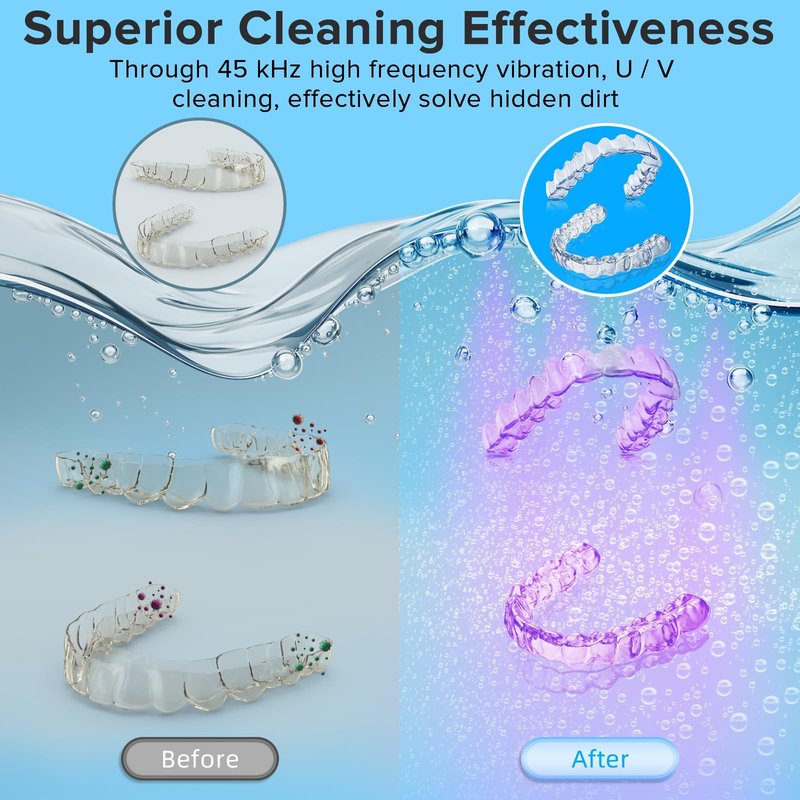 Ultrasonic Retainer Cleaner, 180ML/45kHz Portable Ultrasonic Jewelry Cleaner, Quiet Operation Ultrasonic Cleaner Machine for Dentures,Aligners,Mouth Guards,Night Guards (Gray)