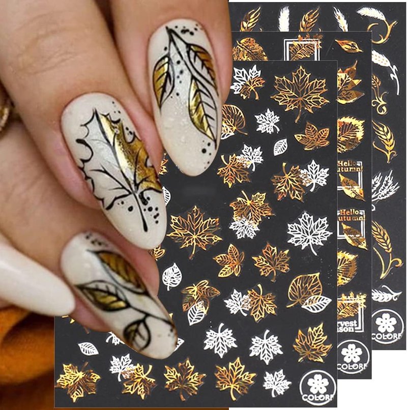 Autumn Leaves Nail Decals - 3D Self-Adhesive Fall Nail Art Stickers | White Laser Gold Maple Leaf Design, 9 Sheets