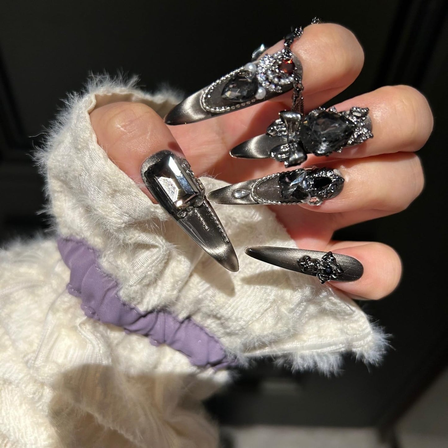 Luxury Press on Nails Long Almond Handmade 3D Unique Reusable ABS Material Fake Nails Black Gothic False with Designs Chain Rhinestones Charms Glitter Glossy Glue on Nails Thick Acrylic Nails(S)