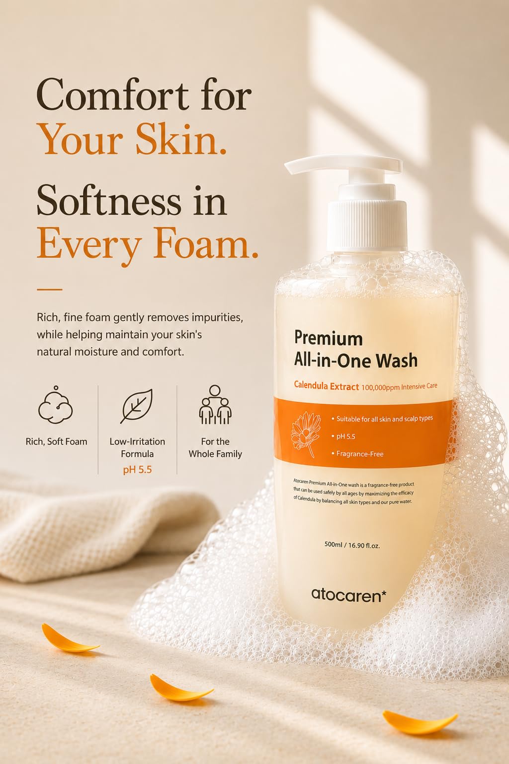 atocaren Calendula Wash – Popular Korean All-in-One Cleanser for Scalp, Face & Body, 100,000ppm Calendula, Fragrance-Free, Gentle Care for Kids & Adults