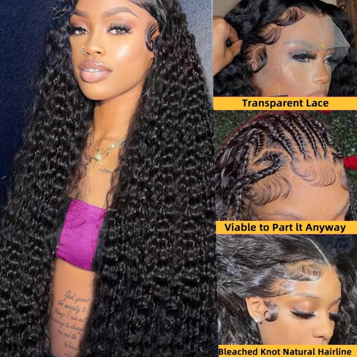BEEKERKER 13x6 Deep Wave Lace Front Wigs Human Hair 220 Density HD Transparent Pre Plucked Deep Curly Frontal Wigs Human Hair for Women Natural Black 22 Inch