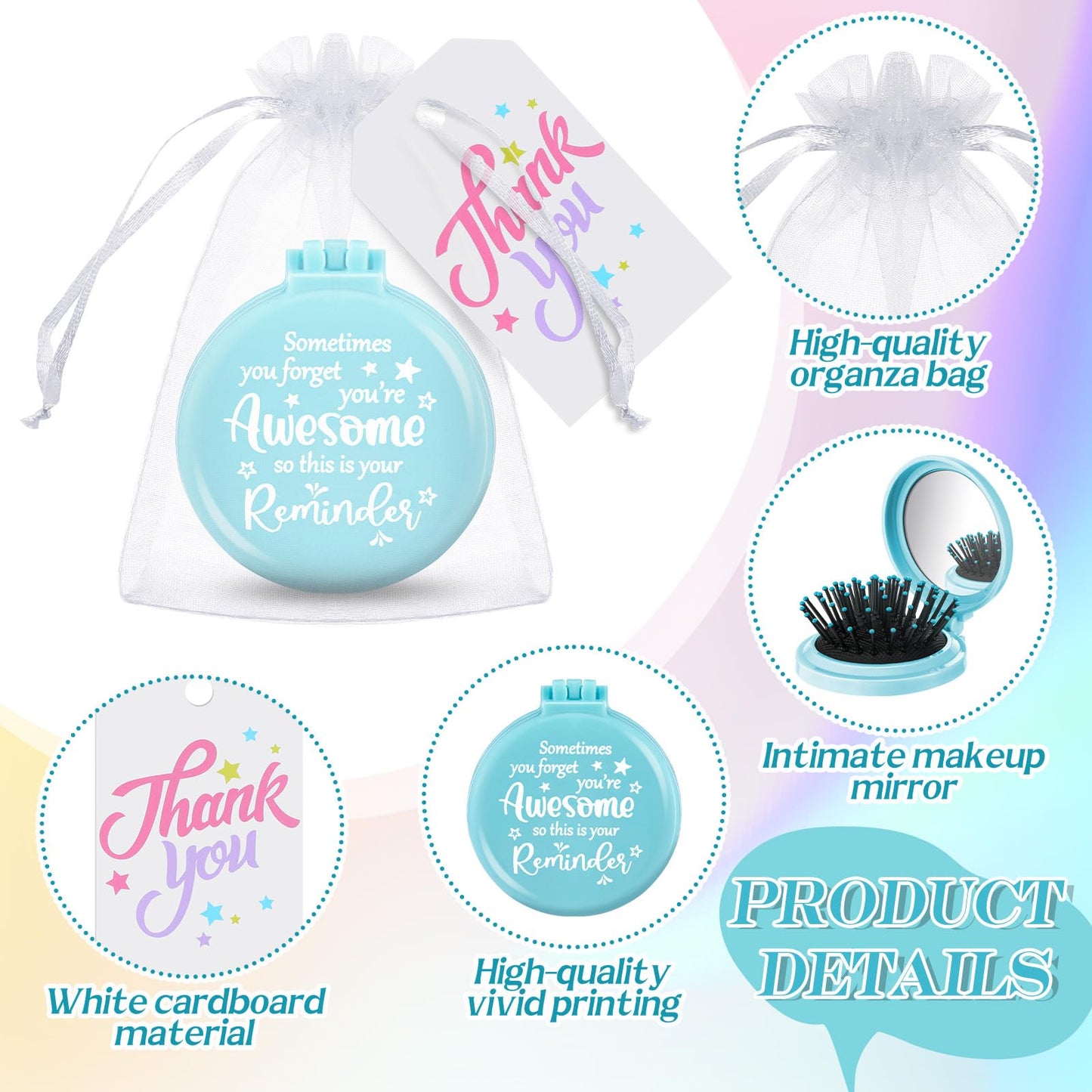 Cinnvoice 24 Pcs Christmas Employee Appreciation Gifts Bulk Folding Travel Brushes Stocking Stuffers Sometimes You Forget You're Awesome Thank You Gifts Mirror Brush for Women Coworker Teacher Staff
