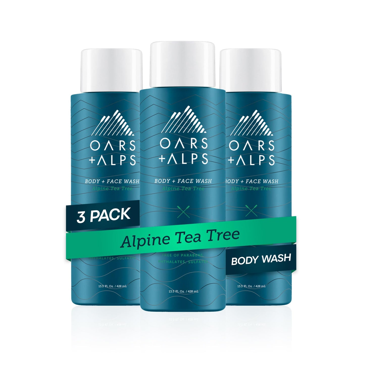 Oars + Alps Body Wash for Men, Mens Body Wash & Face Cleanser with Vitamin E & Antioxidants, Moisturizing, Paraben & Sulfate Free Cleanser, Alpine Tea Tree, 3pk