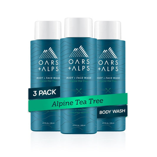 Oars + Alps Body Wash for Men, Mens Body Wash & Face Cleanser with Vitamin E & Antioxidants, Moisturizing, Paraben & Sulfate Free Cleanser, Alpine Tea Tree, 3pk
