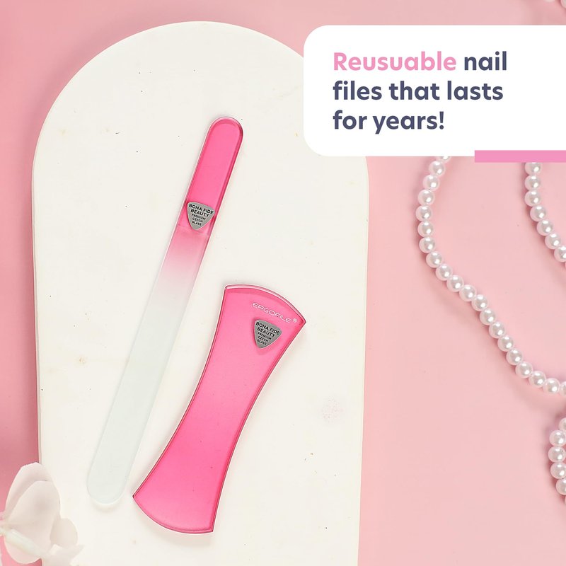 Glass Nail File Set by Bona Fide Beauty - Ergo File - Premium Nail Care Tools Genuine Czech Glass (Pink Bow)