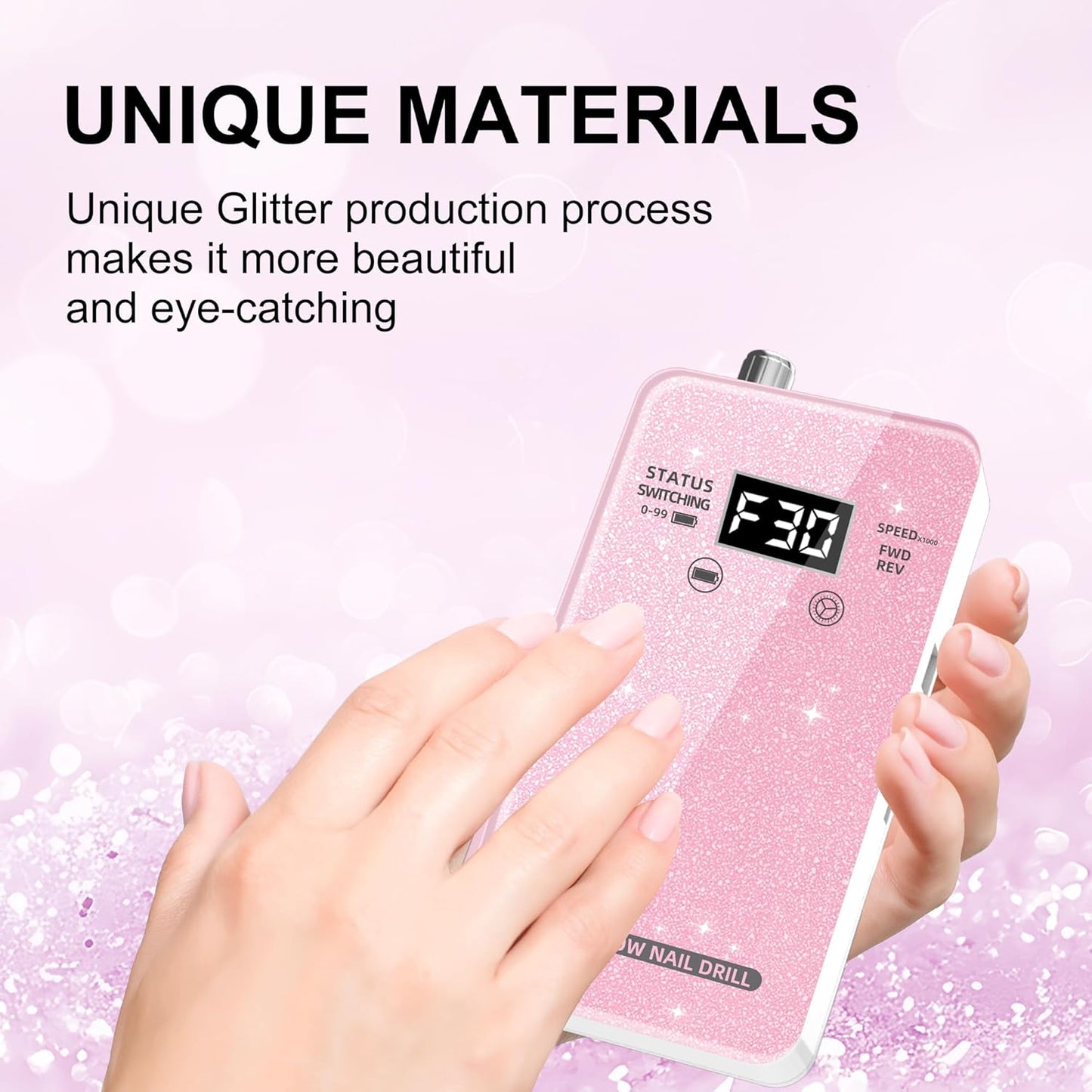 Professional Electric Nail Drill - COSYGLOW Glitter Cordless E-File Kit with 11 Bits | 30000 RPM Rechargeable for Acrylic Nails (Pink)