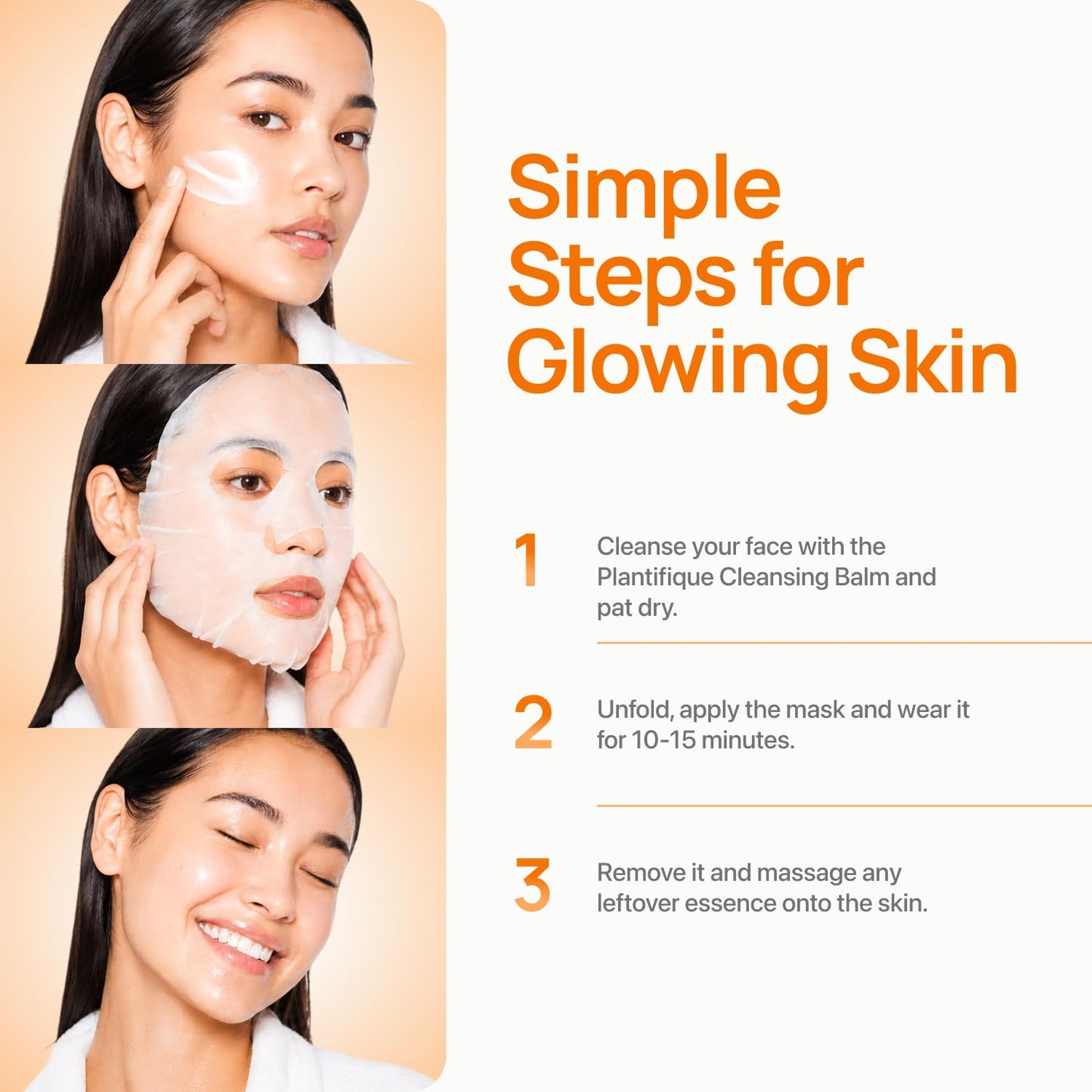 PLANTIFIQUE Korean Sheet Mask, 5 Pack - Glowing & Hydrating Face Masks with Peach Extract, Vitamin C & Hyaluronic Acid - Mascarillas Faciales