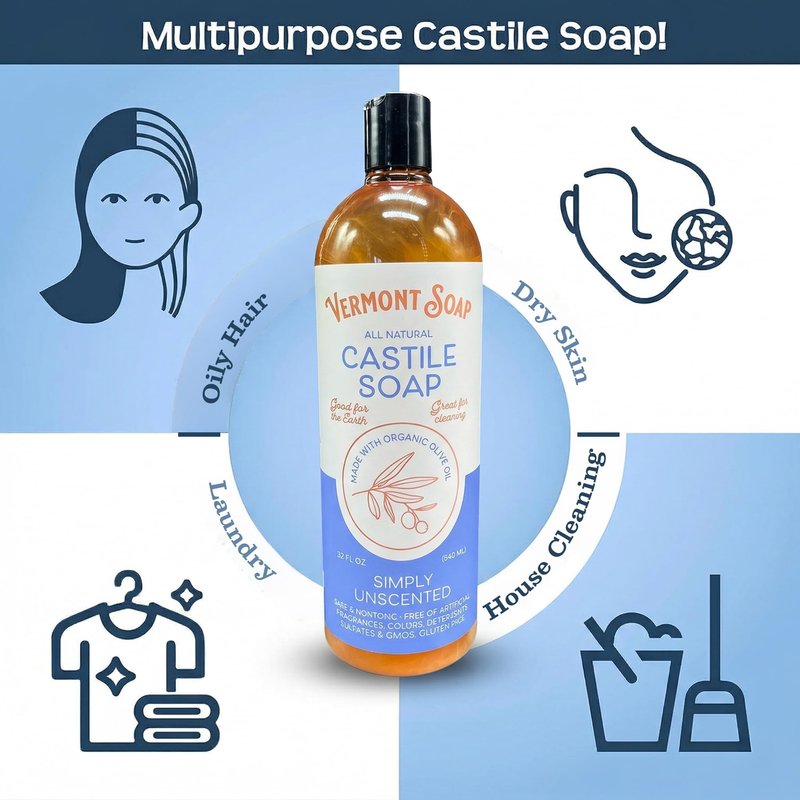 Vermont Castile Unscented Gentle Liquid Soap for Sensitive Skin, Natural Body Wash, Organic Hair Shampoo for Oily Hair, Aloe for Men & Women - 33.8 Oz