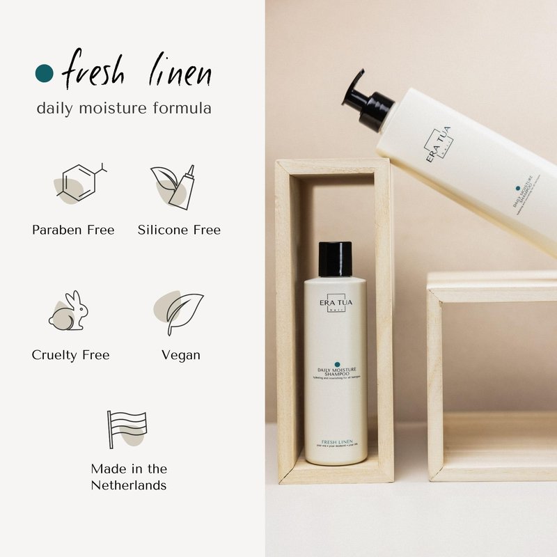 ERA TUA Fresh Linen Daily Moisture Shampoo| Dutch Made & Formulated Moisture Repairing Shampoo for Dry and Damaged Hair | Scent of Bergamot, Jasmine & Rose | 250 ml
