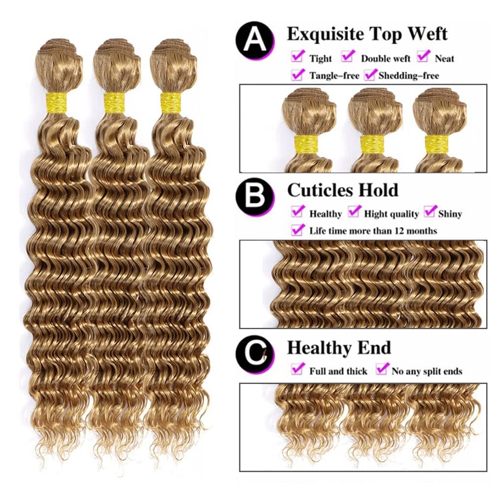 Biliisyff Honey Blonde Bundles Color #27 Deep Wave Human Hair 8 10 12 Inch Color #27 Bundles Grade 8A Brazilian Virgin Hair Extensions Double Weft Soft Real Blonde Hair Weave
