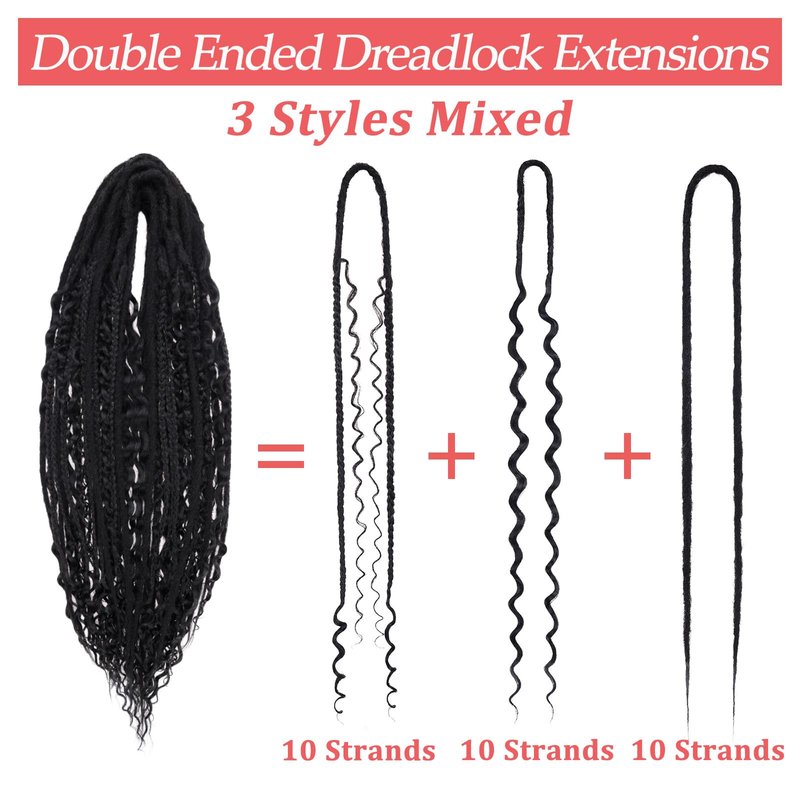 Leeven 30 Strands Double Ended Dreadlock Extensions 24 Inch Thin Synthetic Boho Dreads Ombre Honey Blonde 3 Style Mixed Full Set Wool DE Wavy Curly Hippie Dreads Braid in Soft Viking Dread for Women
