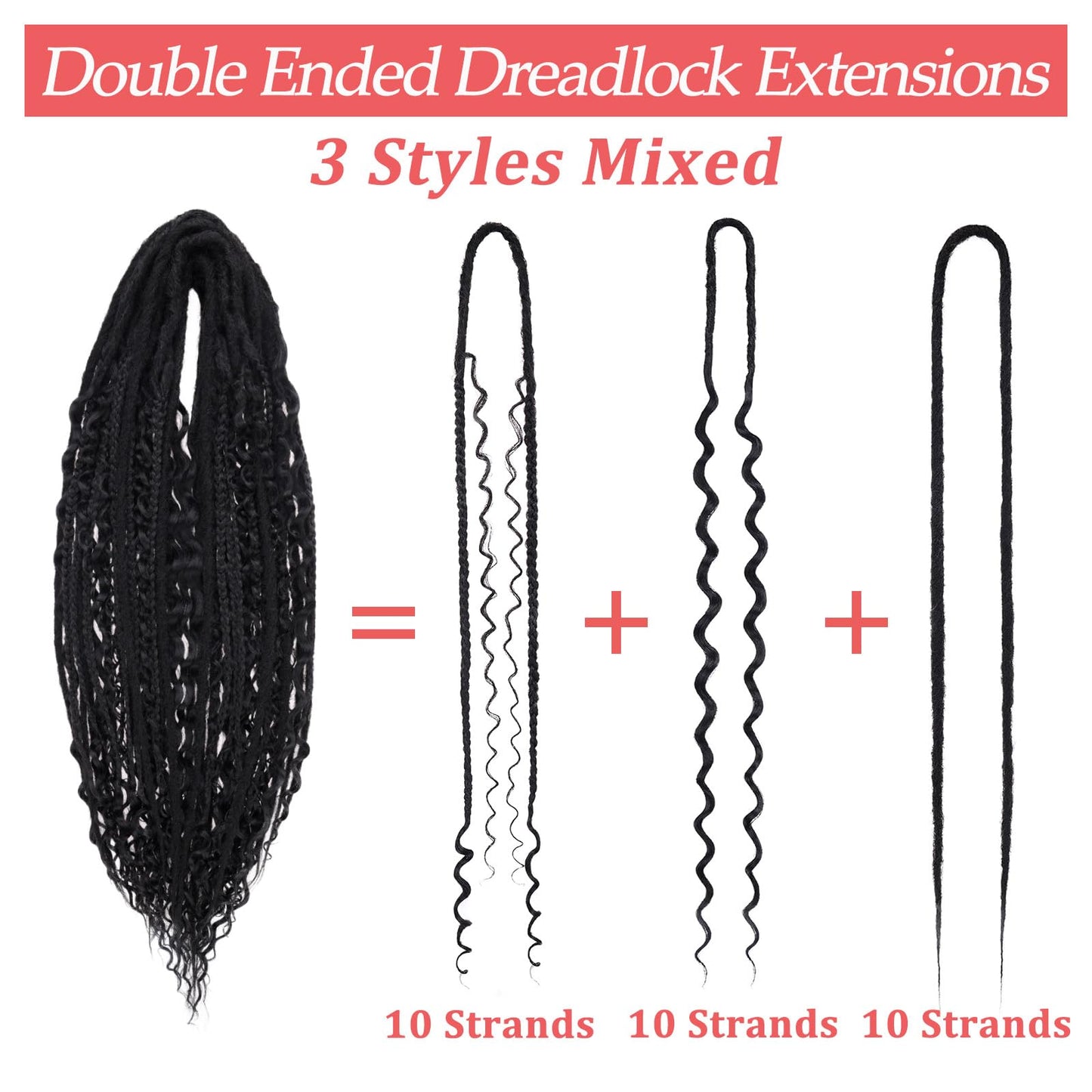 Leeven 30 Strands Double Ended Dreadlock Extensions 24 Inch Black Thin Synthetic Boho Dreads 3 Style Mixed Full Set Wool DE Viking Dread Braid in Soft Wavy Curly Hippie Dreads for Women Men