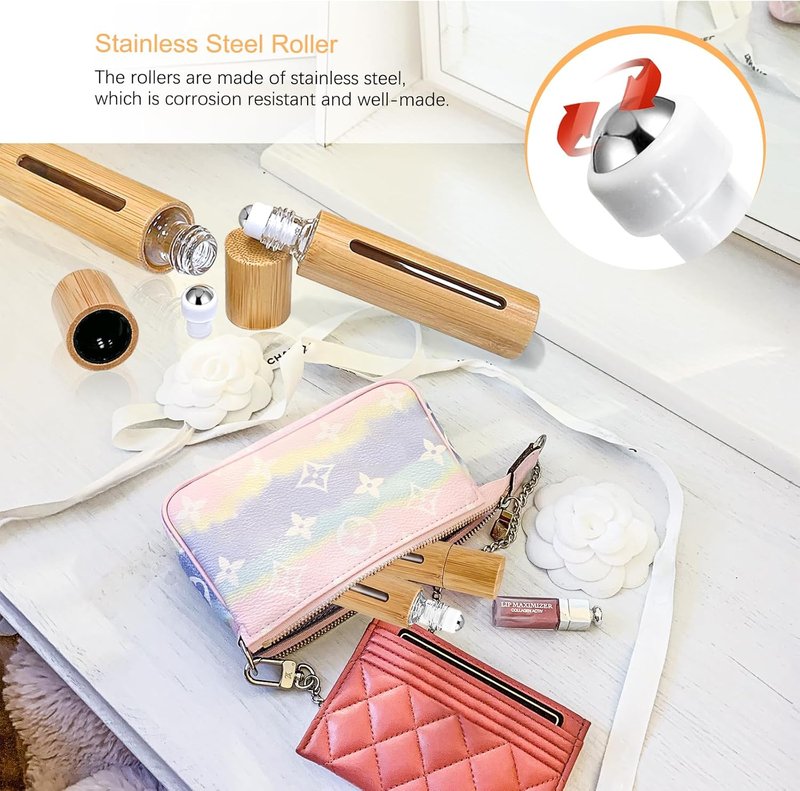 Bamboo Roll-On Bottles for Essential Oils - 12Pcs 10ml Refillable Set with Stainless Steel Rollers & Funnels