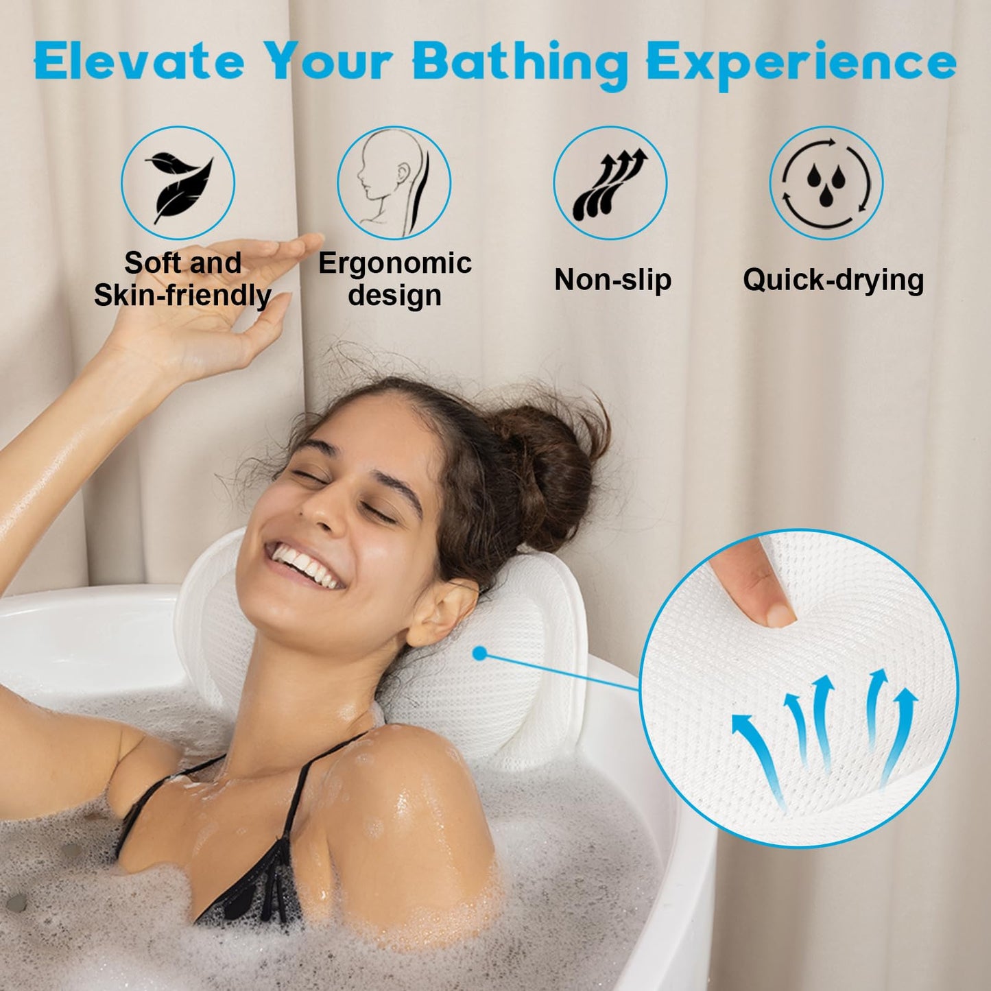 JUSDOO Bath Pillows for Tub Neck and Back Support - Upgraded Non-Slip Rubber Backing & 6 Suction Cups, 4D Air Mesh Spa Bathtub Cushion for Head Rest, Machine Washable with Laundry Bag & Hook (Gray)