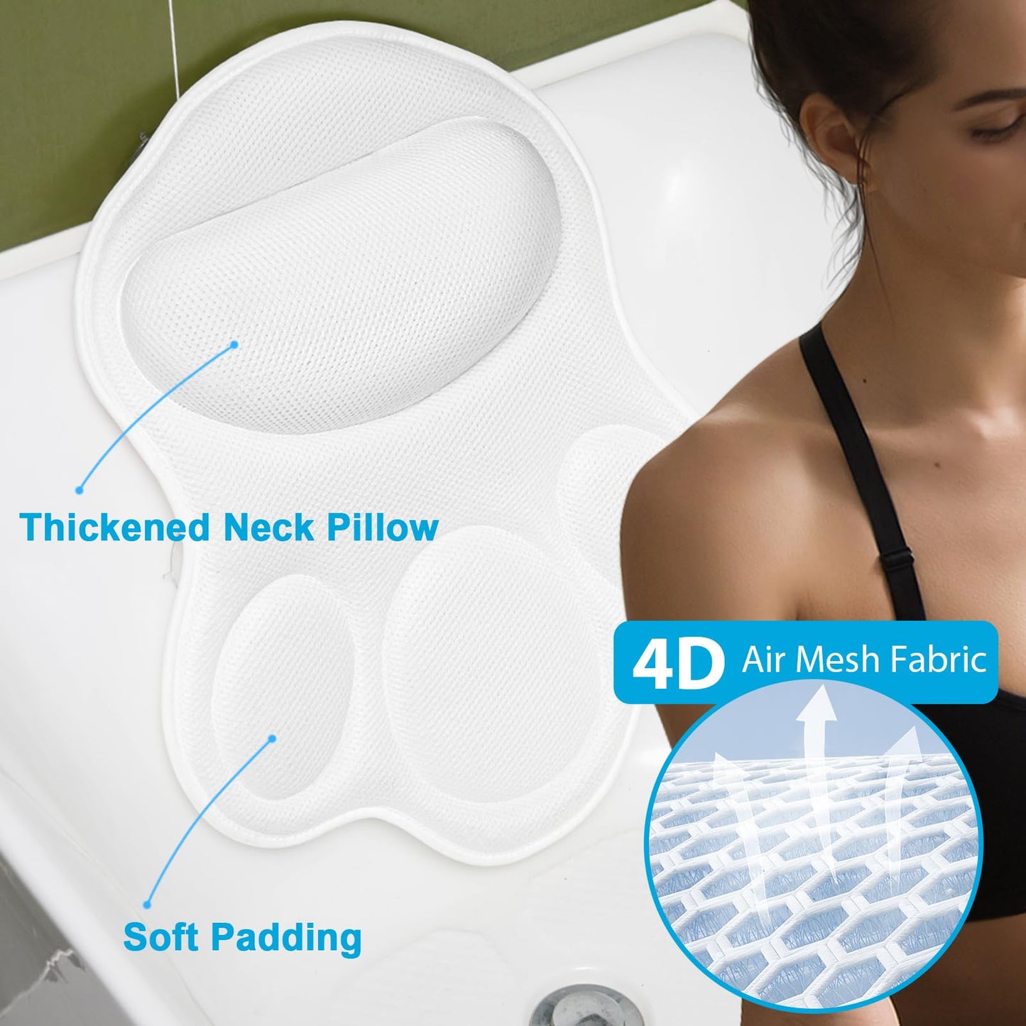JUSDOO Bath Pillows for Tub Neck and Back Support - Upgraded Non-Slip Rubber Backing & 6 Suction Cups, 4D Air Mesh Spa Bathtub Cushion for Head Rest, Machine Washable with Laundry Bag & Hook (Gray)