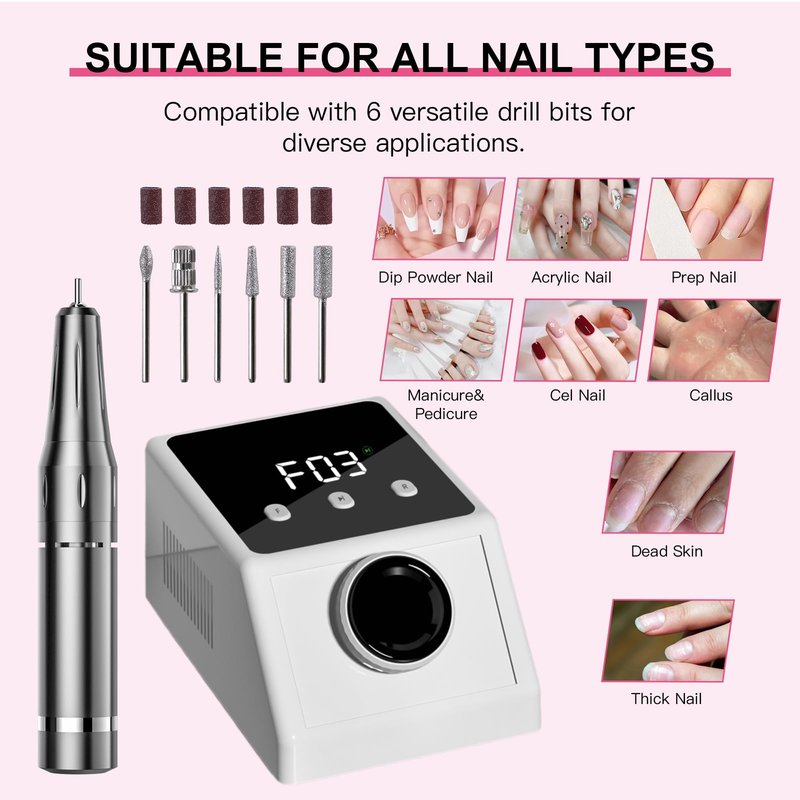 MIRAGE LAYON 45000RPM Professional Nail Drill Kit for Home & Salon - Electric Nail File with LCD Display, 6 Drill Bits, Low Noise Design - Portable Manicure Tool for Gel, Acrylic, Pedicure (White)