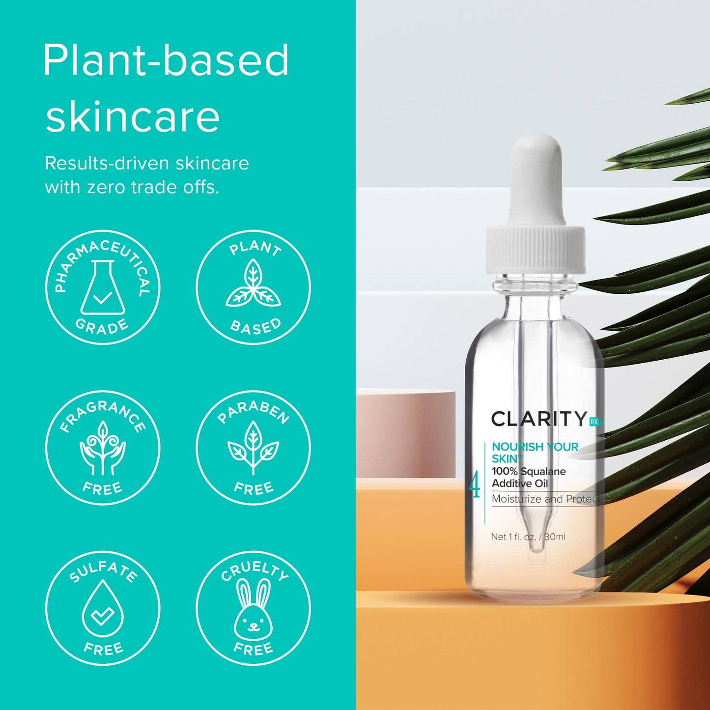 ClarityRx Nourish Your Skin 100% Squalane Moisturizing Oil, Natural Plant-Based Anti-Aging Face Oil with Antioxidants for Dry Skin (0.5 fl oz)