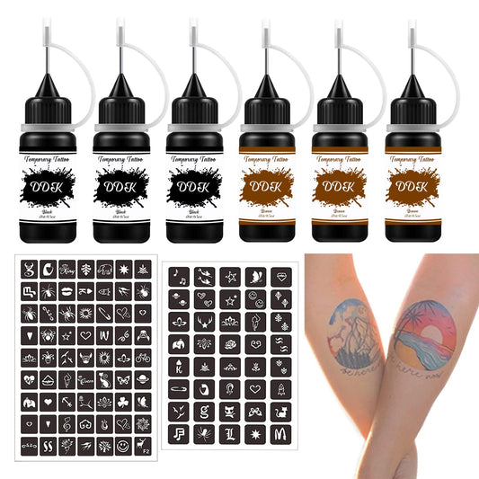 Temporary Tattoo Kit with 6 Bottles Semi Permanent Ink DIY Fake Freckles and 64 Patterns Adhensive Stencils for Women Men, Black/Brown