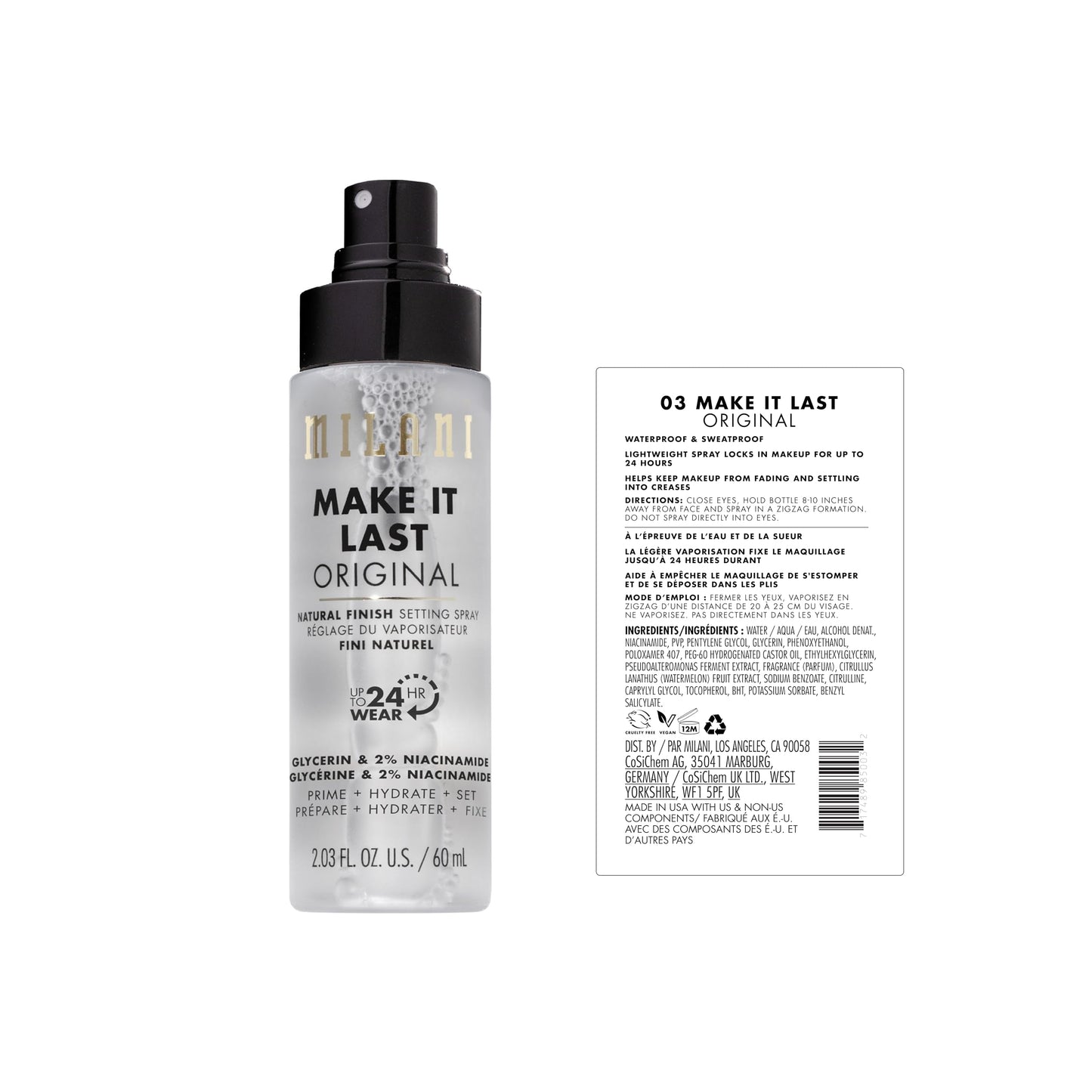 Milani Setting Spray + Primer, Make It Last Original - Natural Finish with Niacinamide for Hydration, Setting Spray for Makeup and Face Primer, 3-in-1 Prime + Hydrate + Set, 2.03 Fl. Oz