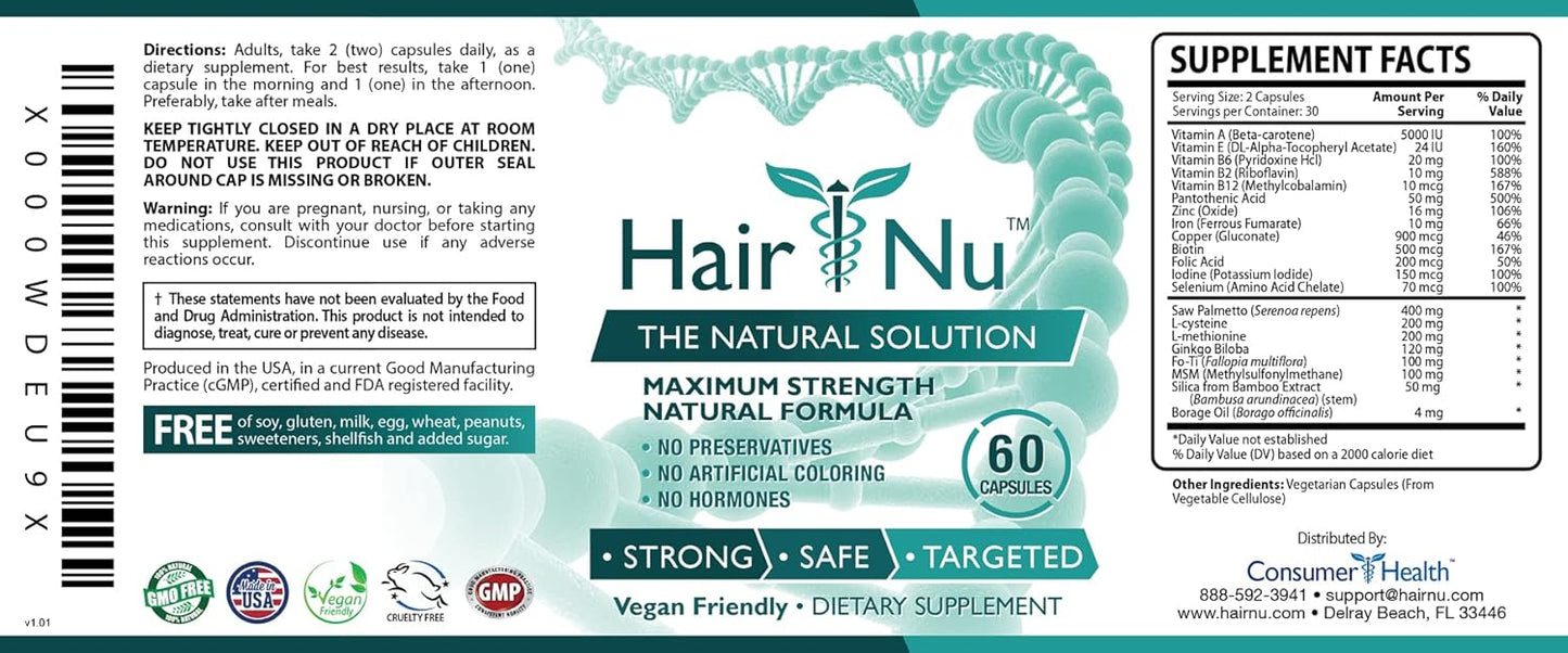 Natural Hair Growth Solution - Dietary Supplement for Thicker Hair | 60 Capsules
