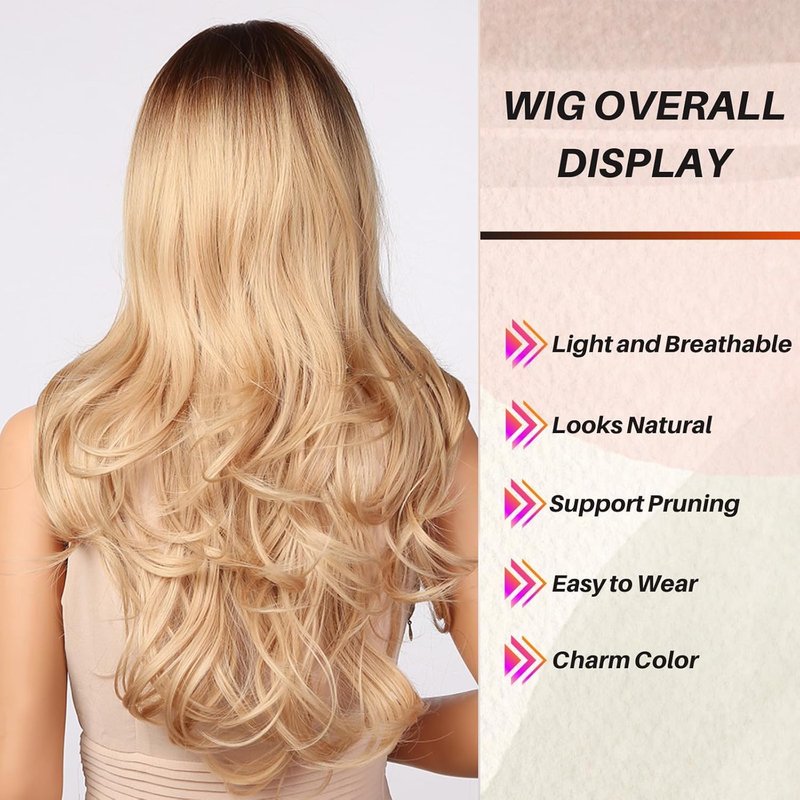 Blonde Wig with Bangs - Long Wavy Ombre Synthetic Hair | Light Ash Blonde with Dark Roots, Perfect for Halloween & Christmas