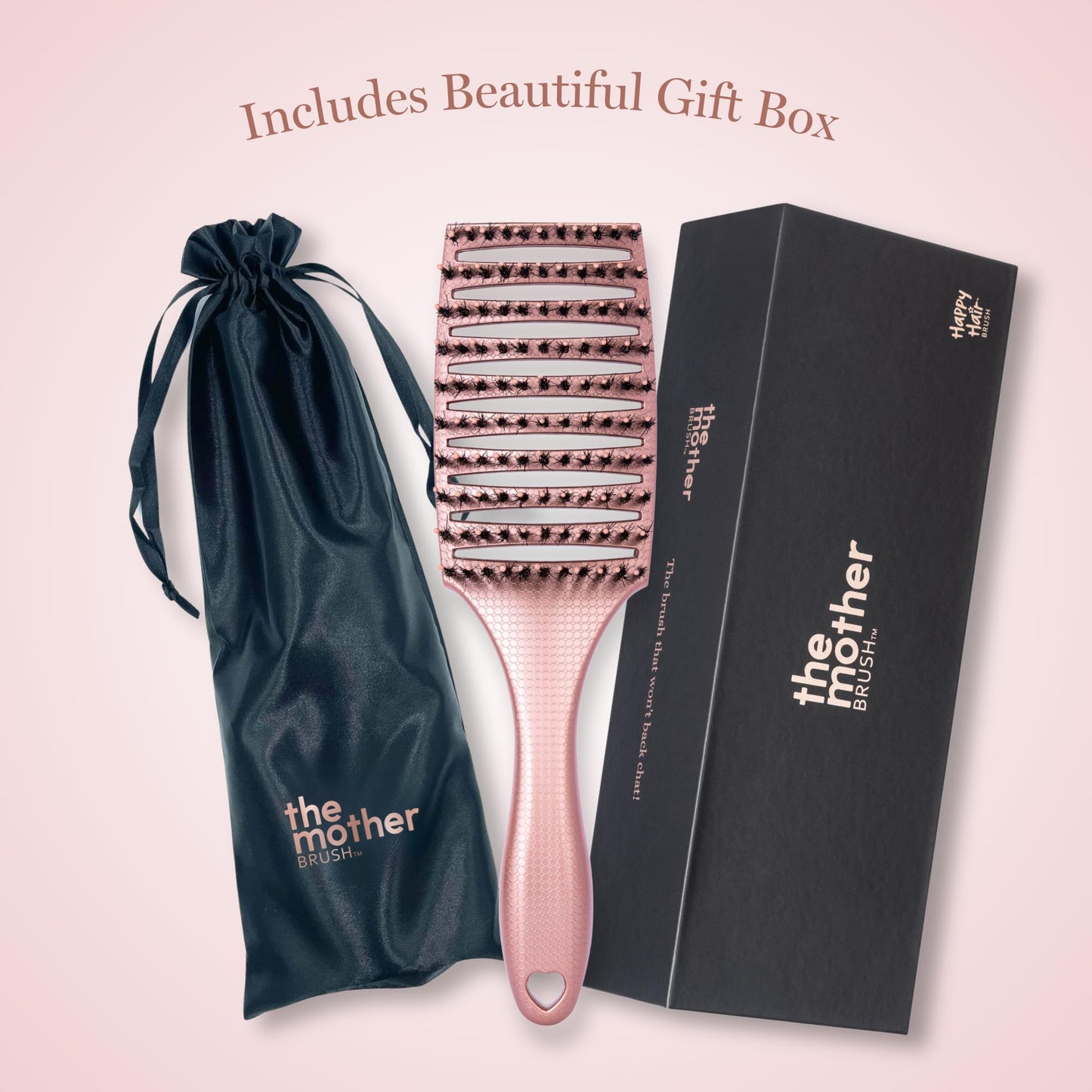 HAPPY HAIR: The Mother Brush - Detangler Brush - Patented Salon Quality Detangling Boar Bristles with Pins Designed for Women to Detangle and Smooth Thick Hair (Rose Gold)
