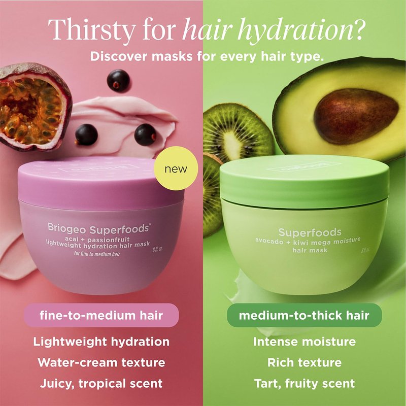 Briogeo Superfoods Acai + Passionfruit Lightweight Hydration Hair Mask | Protein-Free Deep Conditioning Treatment for Dry Hair | Vegan & Cruelty-Free | 8 fl oz