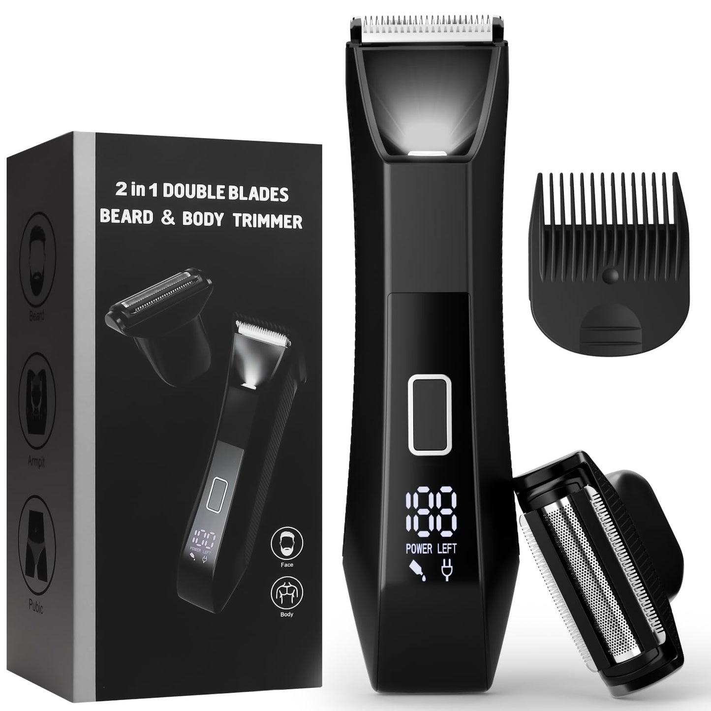 BILTRTE Groin& Body Hair Trimmer for Men,Dual-Head Ceramic Trimmer& Foil Blades,Ball Trimmer Men with Travel Lock,USB-C Rechargeable,Waterproof Wet/Dry Body Groomer with LED Display,Men's Ball Shaver