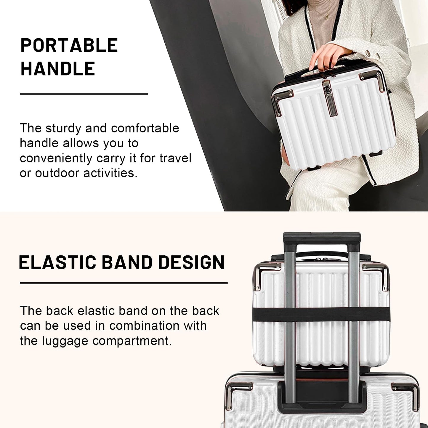 Holxeli 15 Inch Portable Hard Shell Makeup Case, Mini Cosmetic Travel Luggage Case with Shoulder Strap, Small Travel Suitcase Train Case with Toiletry Bag, ABS Material, White