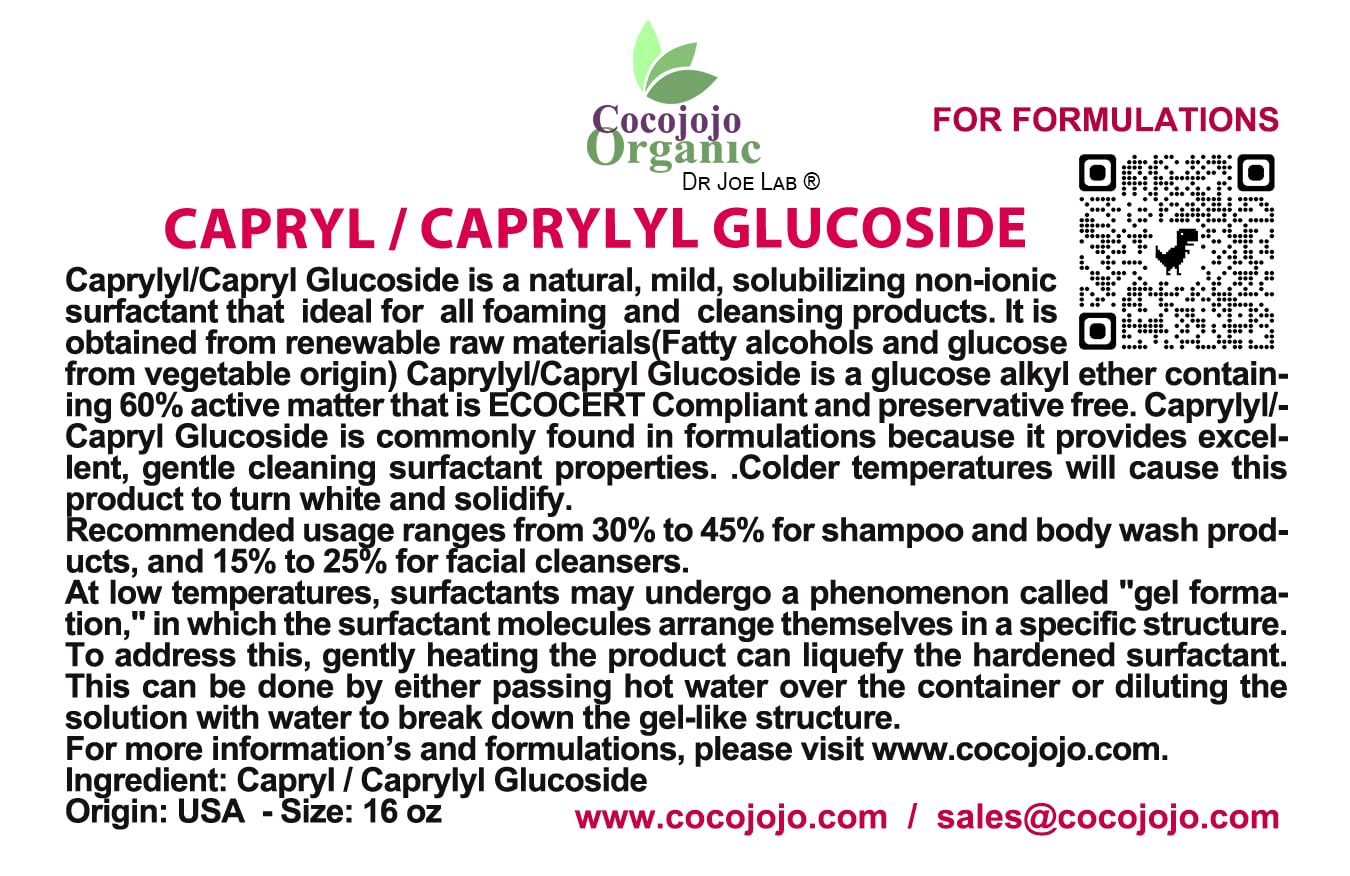 Dr Joe Lab Capryl Glucoside Liquid Surfactant - Caprylyl Natural, Plant Derived - DIY Skin Care - Shower Gels, Foaming, Body Soap, Shampoos Baby Products Face Cleansers - COCOJOJO (16 oz)