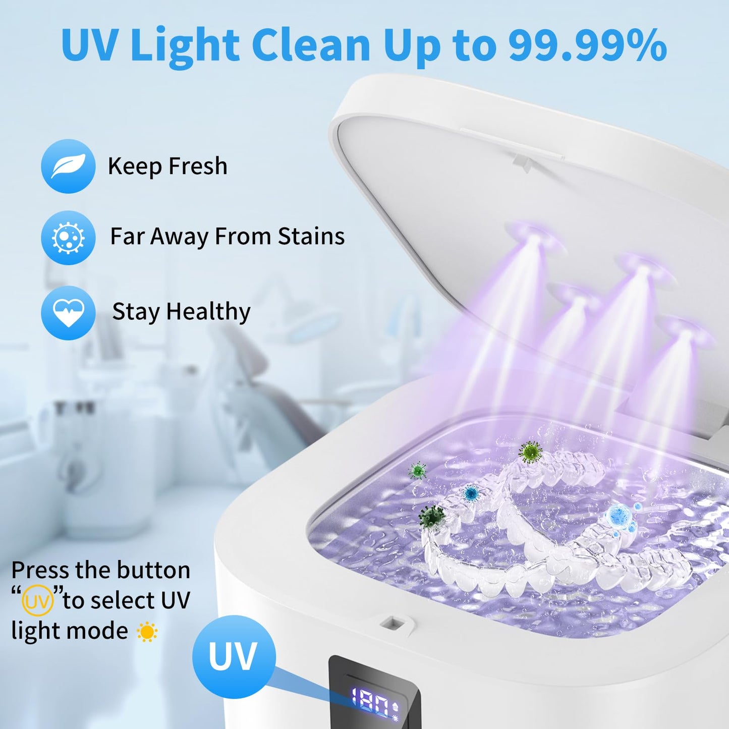 Ultrasonic Retainer Cleaner Machine, 48KHz Dental Cleaning Pod for Denture, Mouth Guard, Aligner, Night Guard, Braces, Toothbrush Heads, Jewelry with Digital Timer & 6 Modes, 13oz Capacity, White