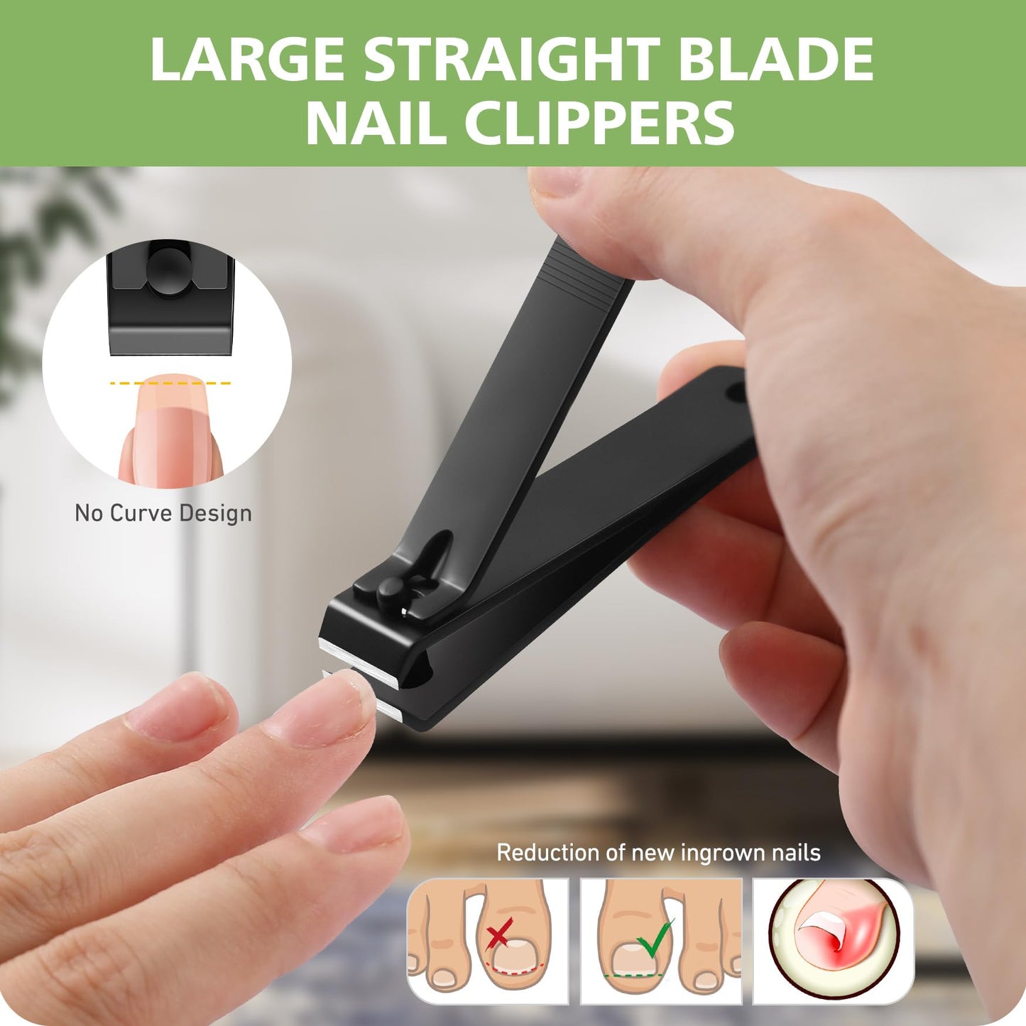 BALUCA Ergonomic Nail Clipper for Seniors - Straight Toenail Clipper for Thick Toenails and Fingernails, Long Handle Nail Clippers with Catcher, Precision Nail Trimmer for Men and Women - Black