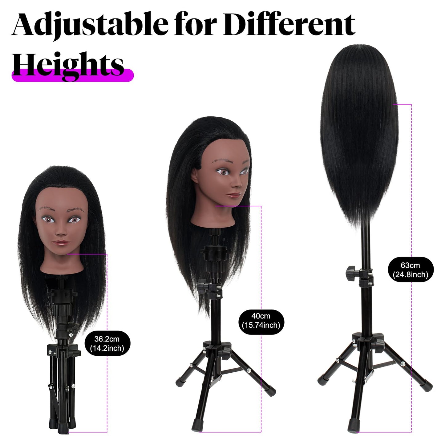 18" Mannequin Head Human Hair with Stand - 100% Real Human Hair Mannequin Head for Braiding, Cosmetology Manikin Doll Head for Hair Styling with Tripod Stand Table Clamp Hair Braiding Set,Black