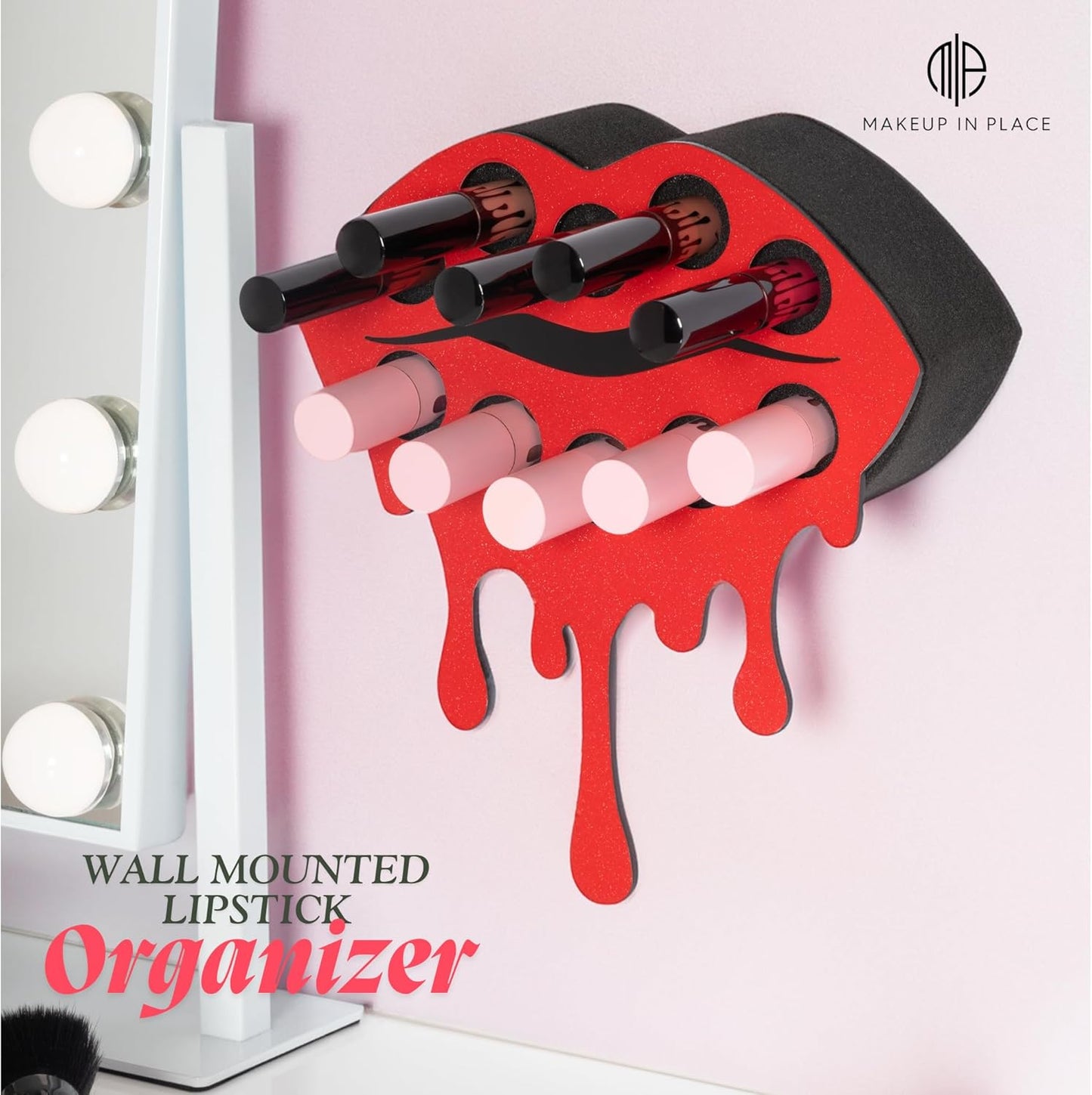 Fearless Lipstick Organizer - Acrylic Wall-Mounted Makeup Holder for Women | Holds 10 Lipsticks (Red Shimmer)