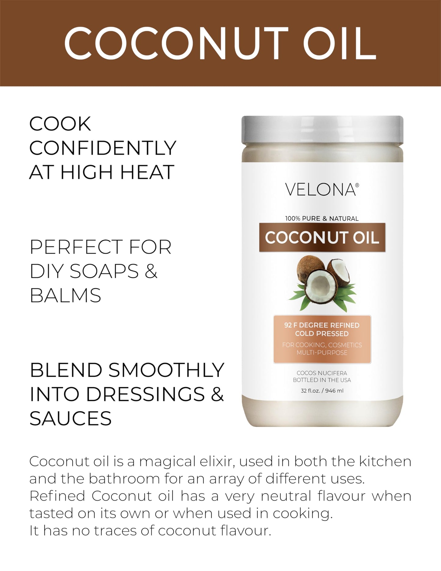 velona Coconut Oil 92 Degree 32 fl oz | 100% Pure and Natural Carrier Oil | in jar | Refined, Cold pressed | Skin, Face, Body, Hair Care | Use Today - Enjoy Results
