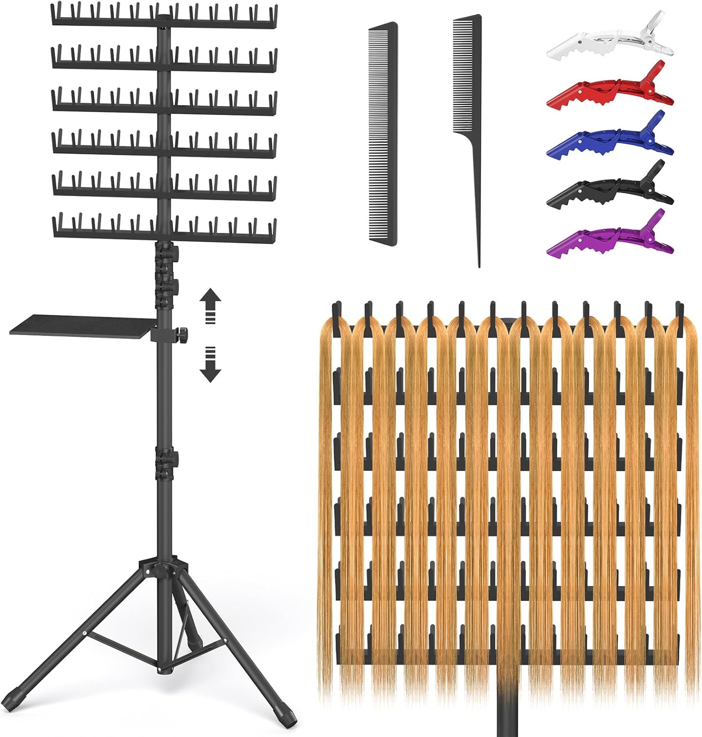 Braiding Hair Rack Stand - Heavy Duty 2-Sided Holder with 144 Pegs | Adjustable Height & Storage Bag