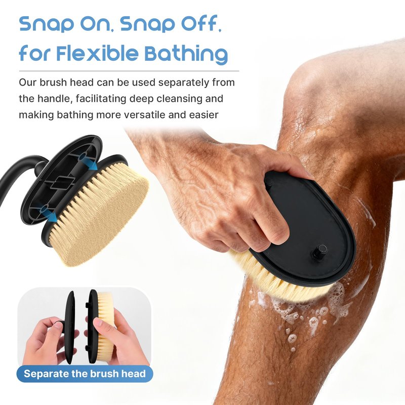 Flexible Up-Down Movement Back Scrubber for Shower for Men & Women, 3 Detachable Back Brush Heads Includes Silicone Body Scrubber, Sponge Bath Brush & Bristle Shower Brush, Wet/Dry Brush, Black