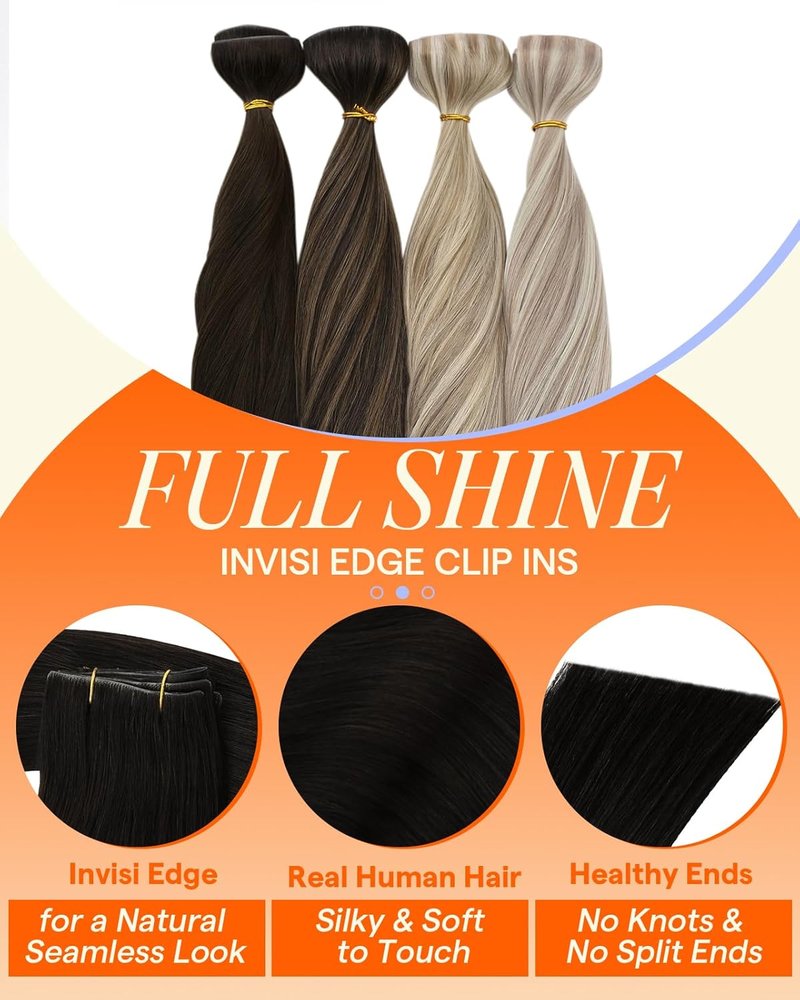 Invisi Edge Clip-In Hair Extensions - Jet Black Seamless Remy Human Hair, 16 Inch, 120g, 6 Pcs