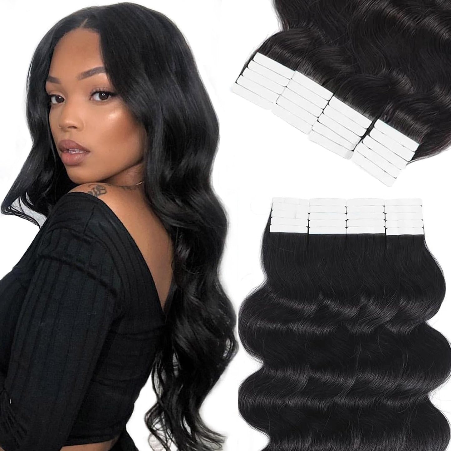 Body Wave Tape in Hair Extensions Human Hair, Body Wave Natural Black Hair Extensions Real Human Hair Tape ins for Black Women,100% Remy Human Hair 18 Inch 50g 20pcs Invisible Tape in Hair Extensions