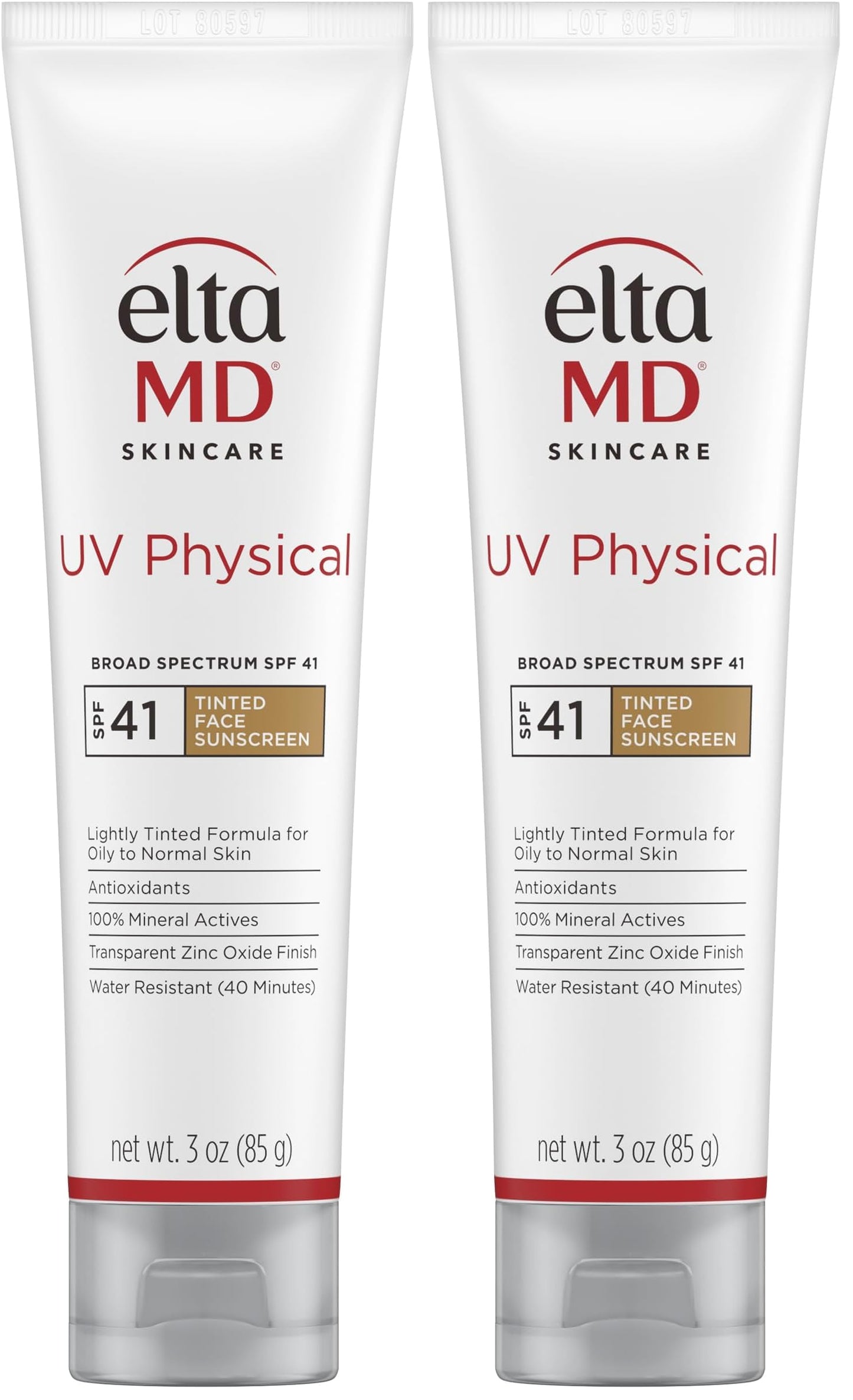 EltaMD UV Physical Tinted Mineral Sunscreen for Face SPF 41,100% Mineral Actives Tinted Face Lotion, Water Resistant, Paraben-Free, Transparent Zinc Oxide Finish,Travel Size Sunscreen 3 oz,(Pack of 2)