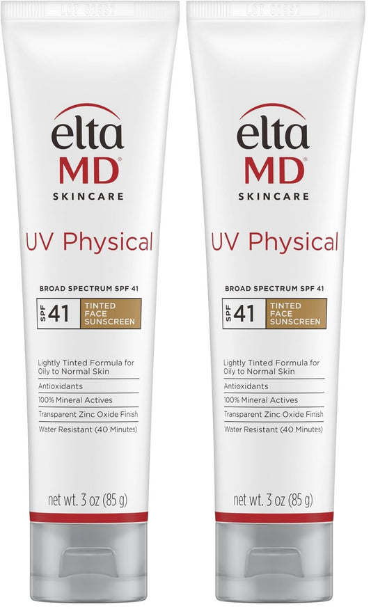 EltaMD UV Physical Tinted Mineral Sunscreen for Face SPF 41,100% Mineral Actives Tinted Face Lotion, Water Resistant, Paraben-Free, Transparent Zinc Oxide Finish,Travel Size Sunscreen 3 oz,(Pack of 2)