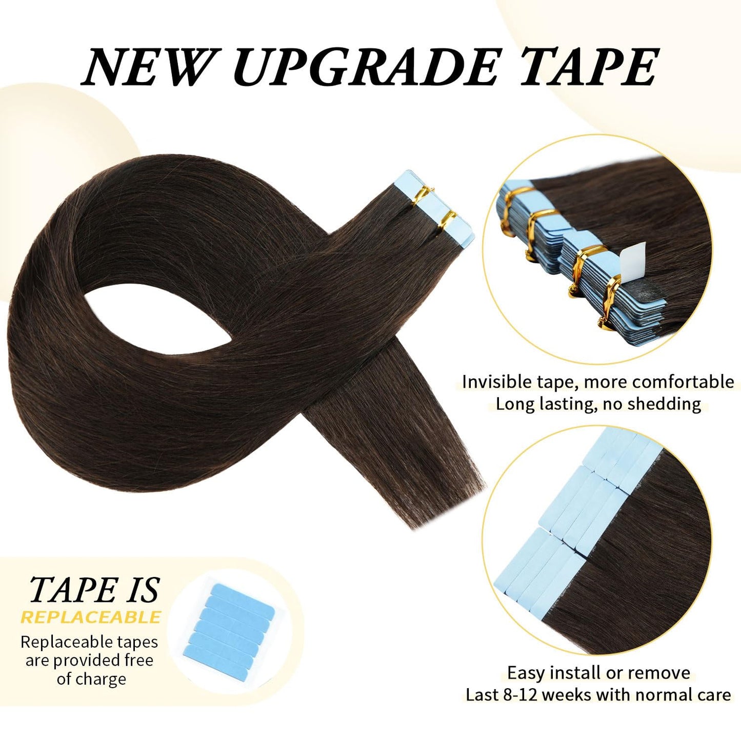 20 inch Tape in Hair Extensions Human Hair Straight Tape Hair Extensions for Women 20 Pcs/50g Seamless Skin Weft #2 Dark Brown Real Hair Extension Invisible Tape ins Human Hair