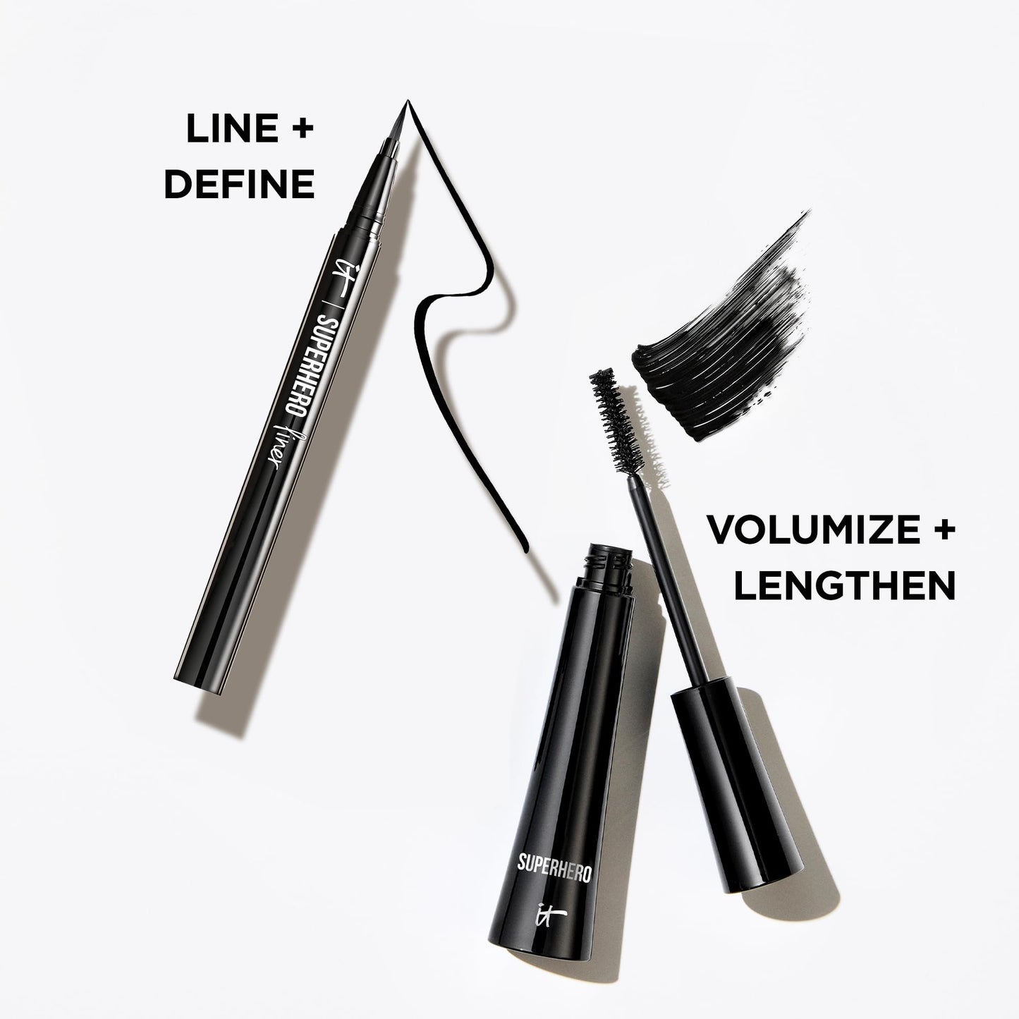 IT Cosmetics Superhero Eye-Defining Makeup Essentials Bundle – Buildable, Fuller Lash Line – Superhero Volumizing and Lengthening Black Mascara + Superhero Waterproof and Smudge-Proof Liquid Eyeliner