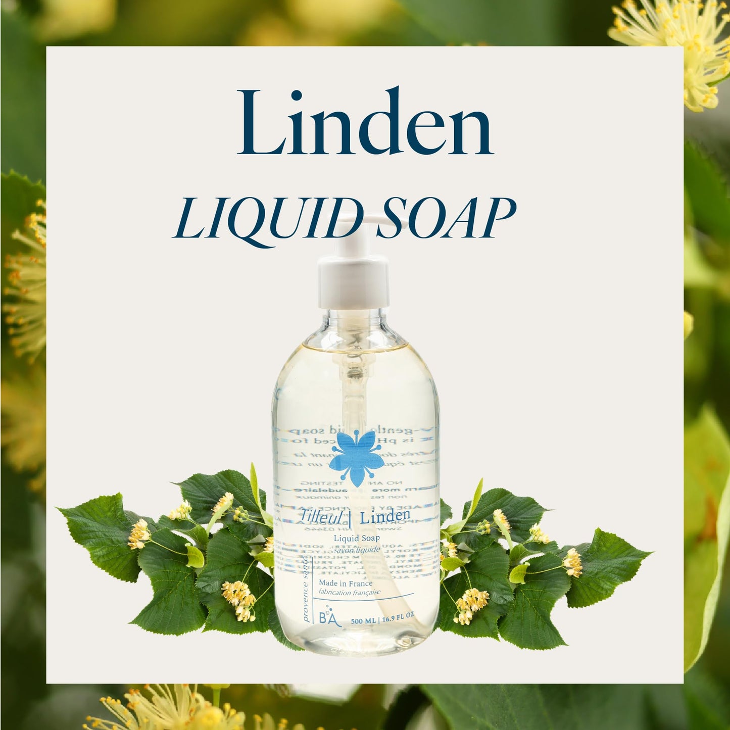 Provence Sante Natural Liquid Soap - Moisturizing Almond Oil Hand Soap with Fresh Linden Blossom Scent - Elegant Pump Dispenser for Kitchen & Bath (16.9 oz)
