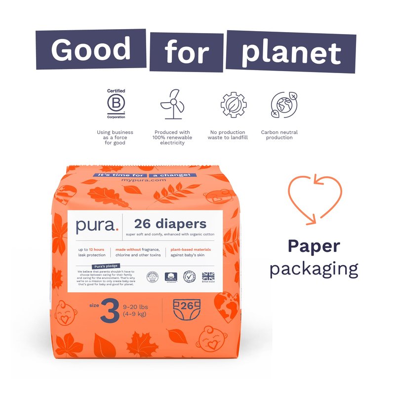 Pura Hypoallergenic Diapers, Size 3 (9-20 lbs) Monthly Pack, Overnight, up to 12 Hours Leak Protection, Suitable for Sensitive Skin, TCF, Super Soft Organic Cotton, 6 Packs of 26 (156 Baby Diapers)