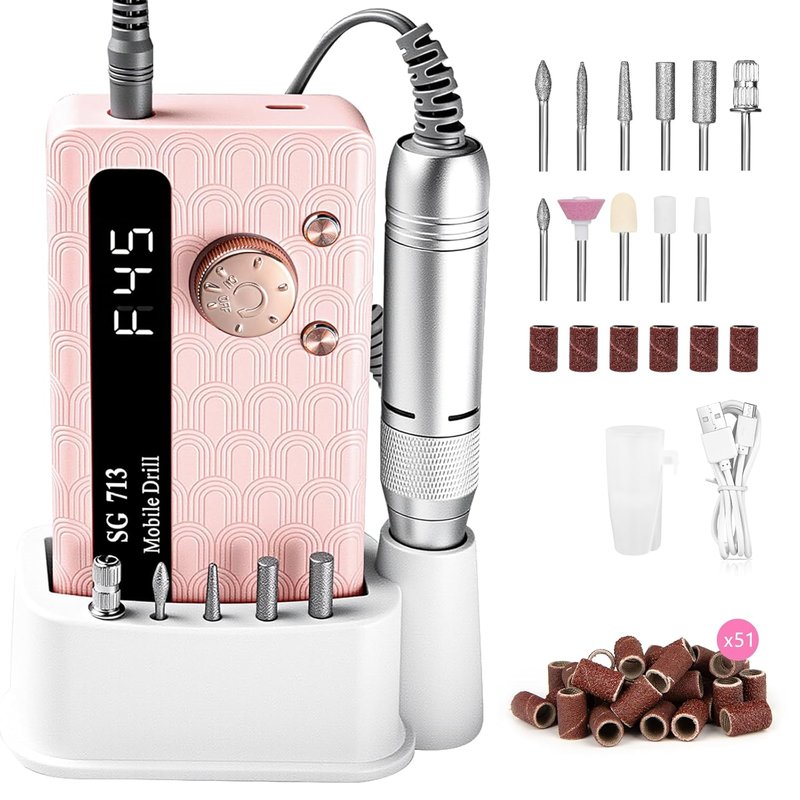 Electric Nail Drill - 45000RPM Portable Rechargeable E-File Kit | Ultra-Silent with 11 Bits & LED Screen (Pink)