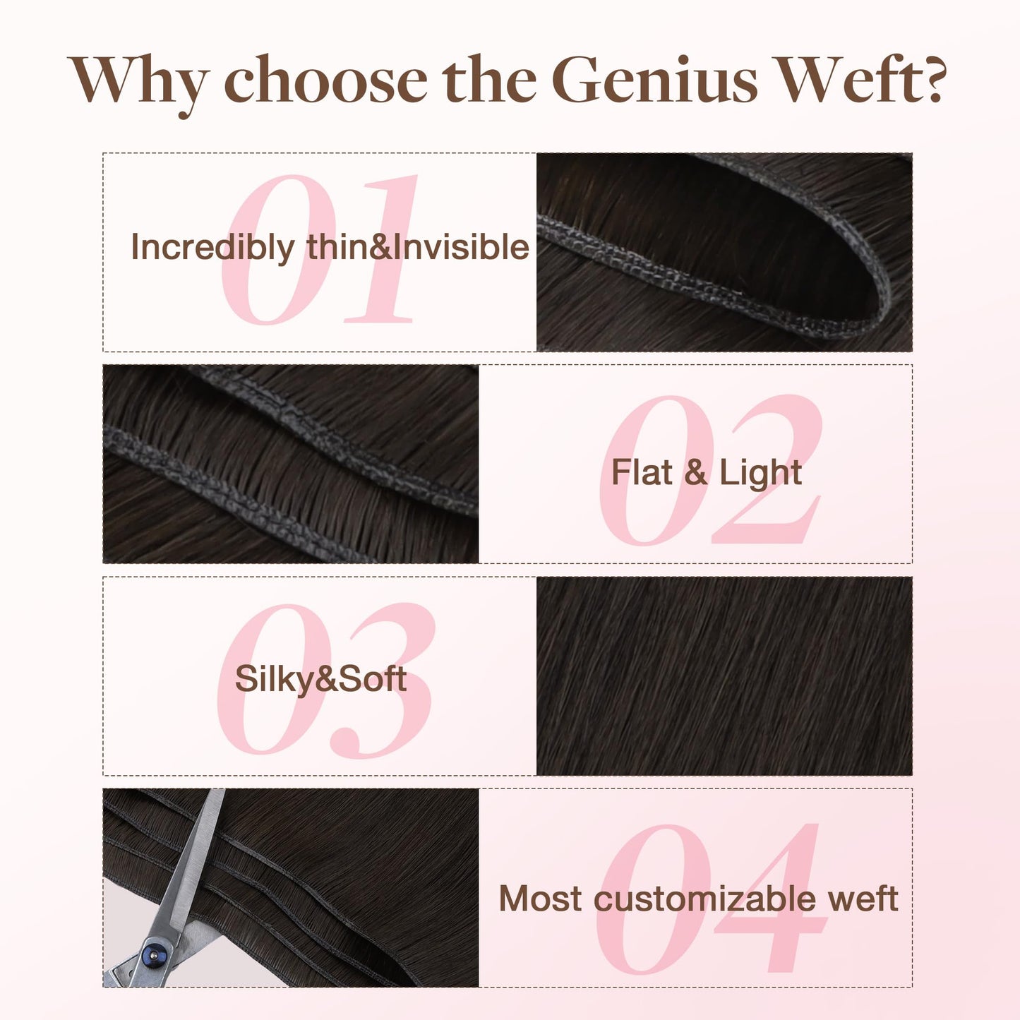 GOO GOO Genius Weft Hair Extensions Human Hair, Sew In Hair Extensions Rooted Remy Weft, 2 Dark Brown 14inch 40g, Hand Tied Weft Hair Extensions