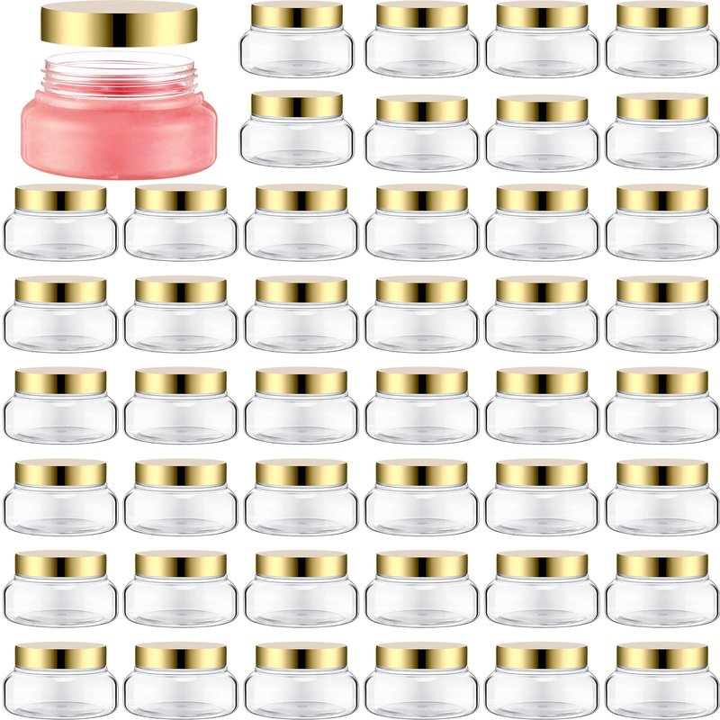 Mumufy Round Plastic Containers Plastic Jars with Lids Empty Travel Containers for Creams Refillable Cosmetic Jars for Lotions Body Scrub Body Butter(5 oz,Gold,Clear,48pcs)