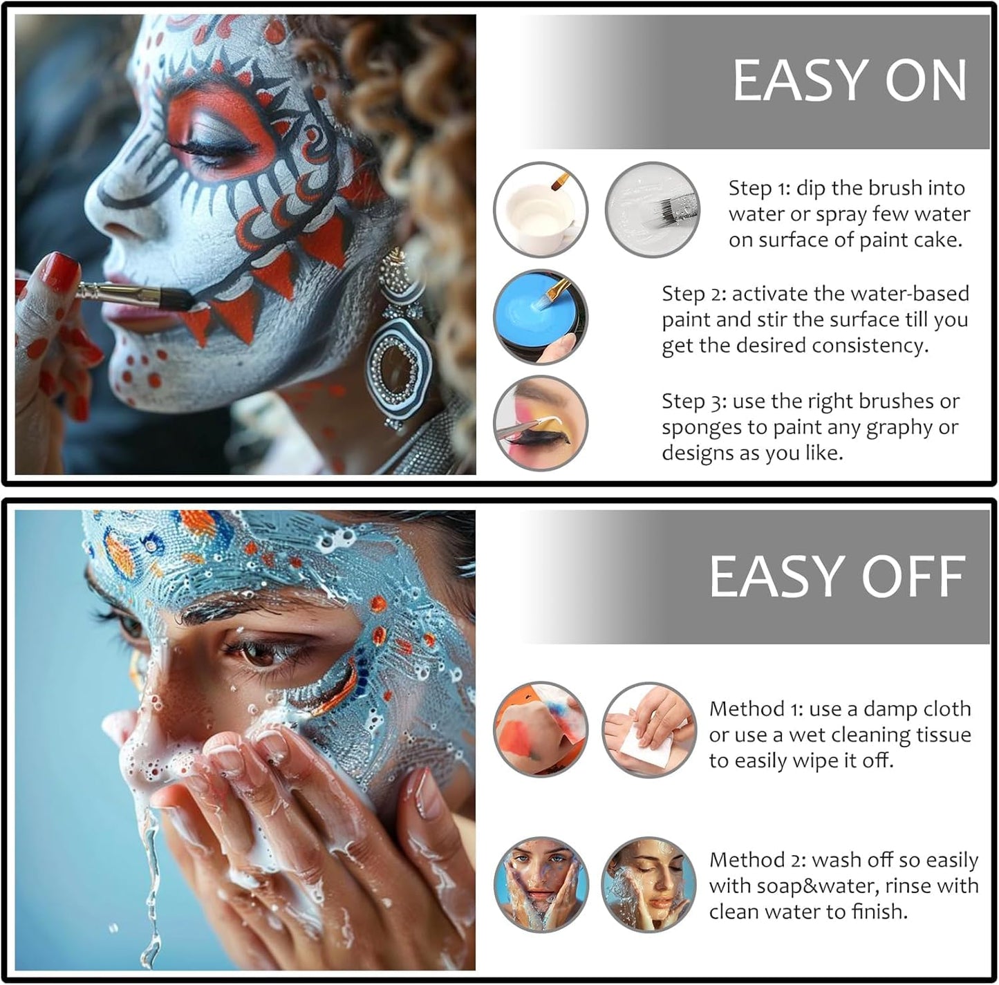 Black + White + Red Face Body Paint, Water-Based Face Painting Kit Professional, Large Capacity SFX Makeup Set with brush & Powder puff, Sponge for Halloween Makeup Clown, Cosplay, Stage